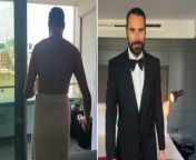 Rylan Clark sips champagne wearing a towel as he gets Bafta ready following Eurovision return from aunty wearing saree